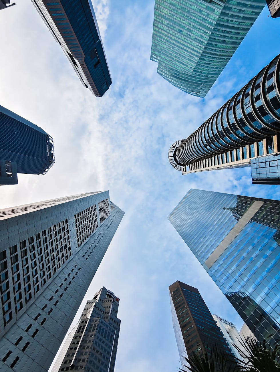 dramatic singapore skyscraper skyline from below